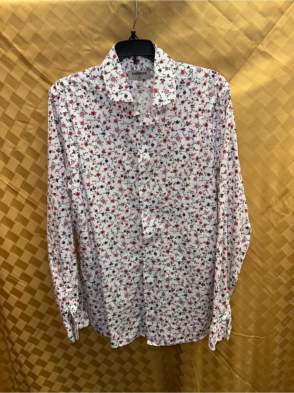 Express White Button-Up Shirt with Red & Black Floral Print